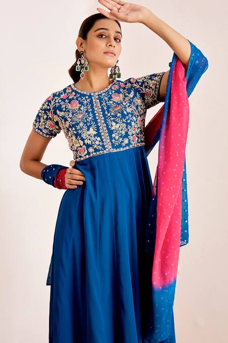 Suruchi Parakh_Blue Georgette Embroidery, Sequins Round Floral Bodice Anarkali With Dupatta _at_Aza_Fashions