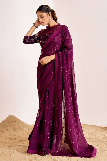 Suruchi Parakh_Wine Organza, Net Embroidery, Sequins Embellished Saree With Sheer Yoke Blouse _Online_at_Aza_Fashions