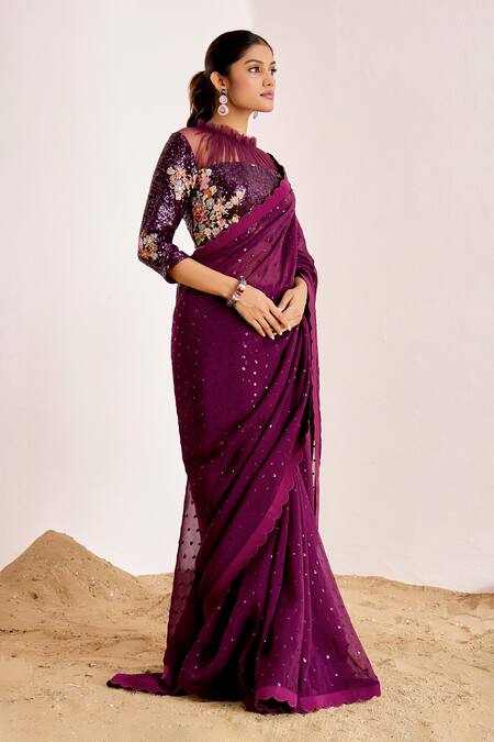 Shop_Suruchi Parakh_Wine Organza, Net Embroidery, Sequins Embellished Saree With Sheer Yoke Blouse _Online_at_Aza_Fashions