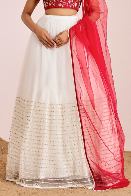 Suruchi Parakh Red Net, Tussar, Silk Embroidery, Beads, Sequins Hand Bustier And Lehenga Set Online at Aza Fashions Suruchi Parakh_Red Net, Tussar, Silk Embroidery, Beads, Sequins Hand Bustier And Lehenga Set_Online_at_Aza_Fashions