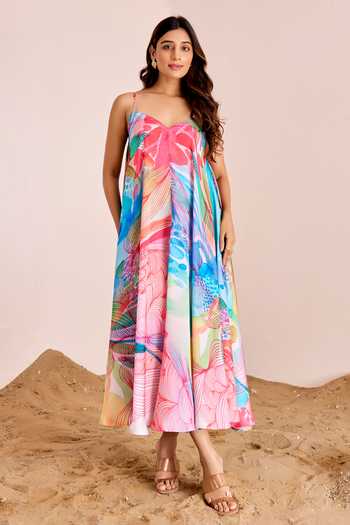 Suruchi Parakh Multi Color Silk, Satin Sweetheart Neck Abstract Print Pleated Dress Online at Aza Fashions Suruchi Parakh_Multi Color Silk, Satin Sweetheart Neck Abstract Print Pleated Dress _Online_at_Aza_Fashions
