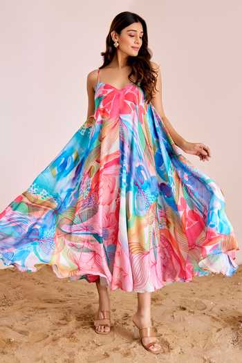 Buy Suruchi Parakh Multi Color Silk, Satin Sweetheart Neck Abstract Print Pleated Dress Online at Aza Fashions Buy_Suruchi Parakh_Multi Color Silk, Satin Sweetheart Neck Abstract Print Pleated Dress _Online_at_Aza_Fashions