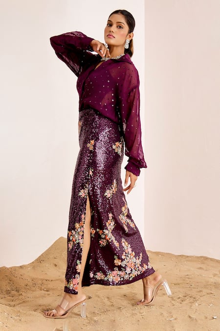 Suruchi Parakh_Purple Organza, Georgette Sequins Collared Embellished Sheer Shirt And Skirt Set _Online_at_Aza_Fashions