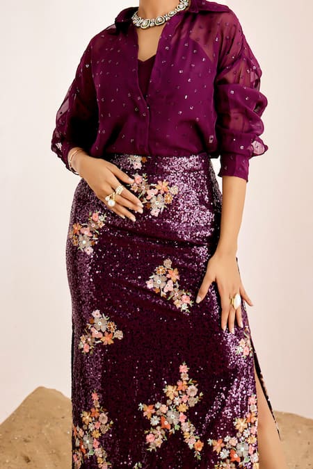 Buy_Suruchi Parakh_Purple Organza, Georgette Sequins Collared Embellished Sheer Shirt And Skirt Set _Online_at_Aza_Fashions