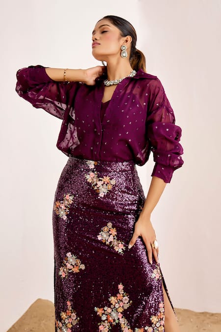 Shop_Suruchi Parakh_Purple Organza, Georgette Sequins Collared Embellished Sheer Shirt And Skirt Set _Online_at_Aza_Fashions