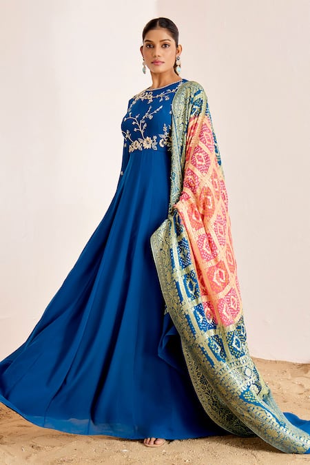 Suruchi Parakh Blue Georgette, Brocade Cut Work, Hand Anarkali With Banarasi Dupatta Online at Aza Fashions Suruchi Parakh_Blue Georgette, Brocade Cut Work, Hand Anarkali With Banarasi Dupatta _Online_at_Aza_Fashions