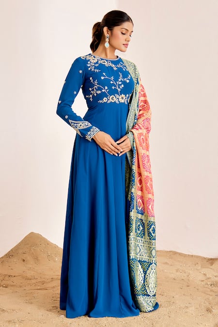 Buy Suruchi Parakh Blue Georgette, Brocade Cut Work, Hand Anarkali With Banarasi Dupatta Online at Aza Fashions Buy_Suruchi Parakh_Blue Georgette, Brocade Cut Work, Hand Anarkali With Banarasi Dupatta _Online_at_Aza_Fashions