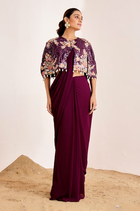 Suruchi Parakh_Purple Georgette Sequins Round Neck Pre-draped Saree And Embellished Cape Set _Online_at_Aza_Fashions