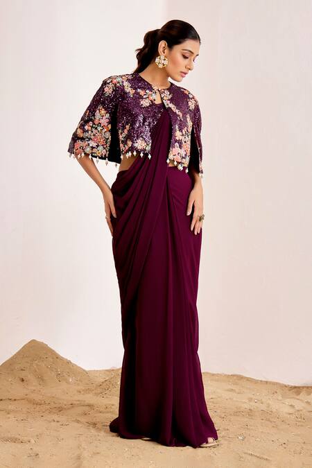 Buy_Suruchi Parakh_Purple Georgette Sequins Round Neck Pre-draped Saree And Embellished Cape Set _Online_at_Aza_Fashions