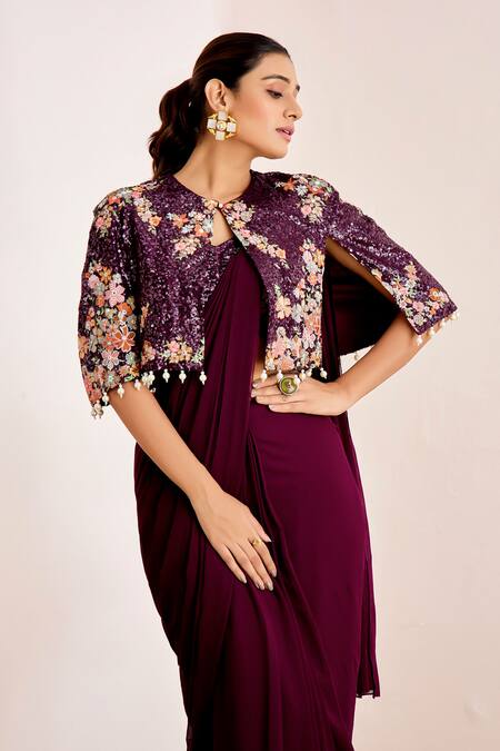 Shop_Suruchi Parakh_Purple Georgette Sequins Round Neck Pre-draped Saree And Embellished Cape Set _Online_at_Aza_Fashions