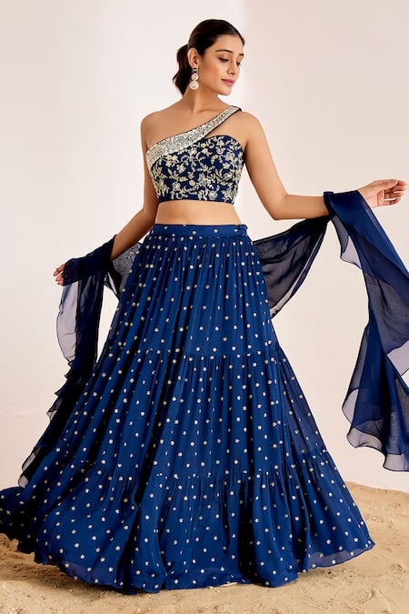 Suruchi Parakh_Blue Organza, Georgette Embroidery, Embellished Tiered Lehenga And Blouse Set _Online_at_Aza_Fashions