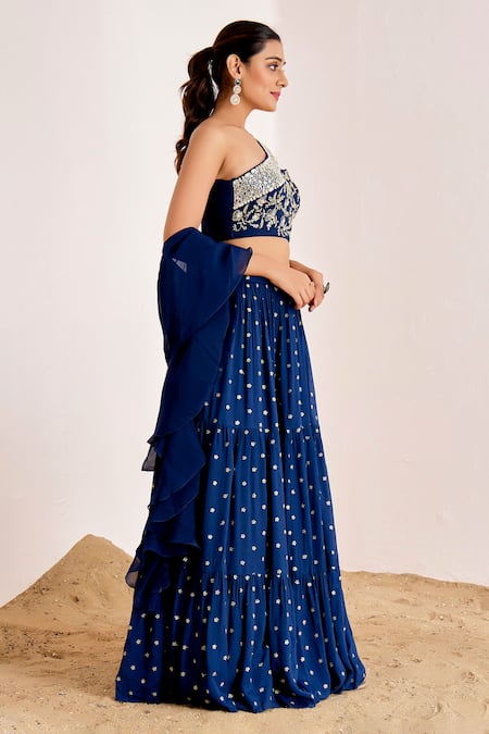 Shop_Suruchi Parakh_Blue Organza, Georgette Embroidery, Embellished Tiered Lehenga And Blouse Set _Online_at_Aza_Fashions