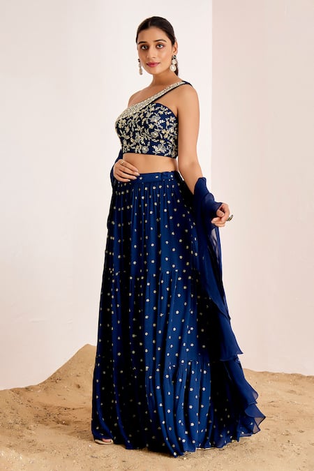 Suruchi Parakh_Blue Organza, Georgette Embroidery, Embellished Tiered Lehenga And Blouse Set _at_Aza_Fashions