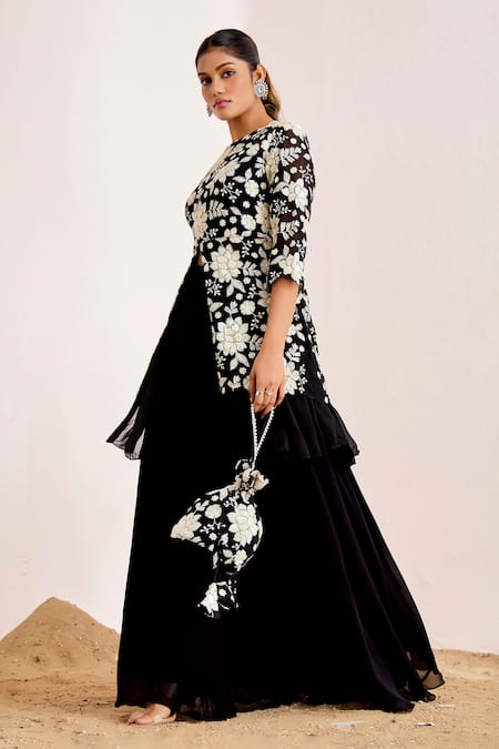 Suruchi Parakh_Black Georgette, Organza Embroidery, Sequins Crew Floral Tunic With Flared Pant _Online_at_Aza_Fashions