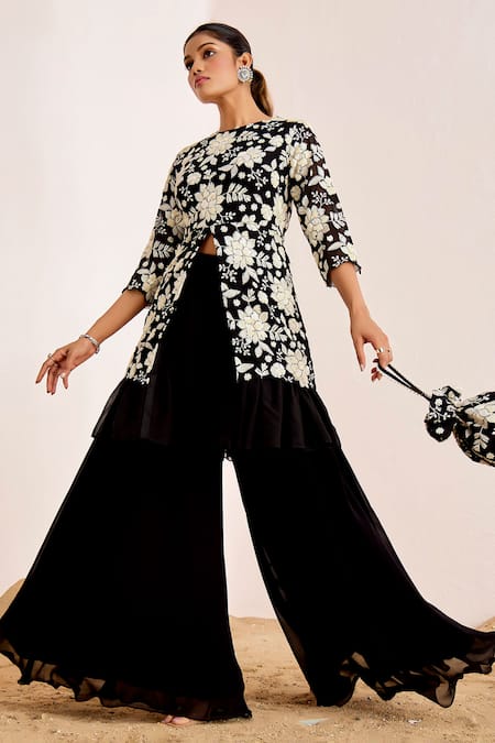 Buy_Suruchi Parakh_Black Georgette, Organza Embroidery, Sequins Crew Floral Tunic With Flared Pant _Online_at_Aza_Fashions