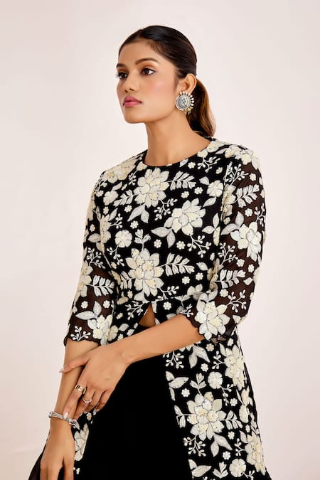 Suruchi Parakh_Black Georgette, Organza Embroidery, Sequins Crew Floral Tunic With Flared Pant _at_Aza_Fashions