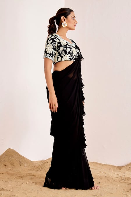 Suruchi Parakh Black Georgette Embroidery, Sequins Polo Pre-draped Saree With Floral Blouse Online at Aza Fashions Suruchi Parakh_Black Georgette Embroidery, Sequins Polo Pre-draped Saree With Floral Blouse _Online_at_Aza_Fashions