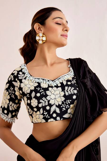 Shop Suruchi Parakh Black Georgette Embroidery, Sequins Polo Pre-draped Saree With Floral Blouse Online at Aza Fashions Shop_Suruchi Parakh_Black Georgette Embroidery, Sequins Polo Pre-draped Saree With Floral Blouse _Online_at_Aza_Fashions