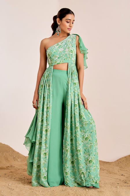 Suruchi Parakh Floral Print Front Cut Tunic With Flared Pant 