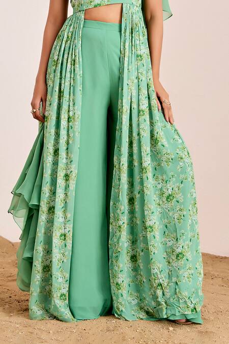 Suruchi Parakh_Green Georgette, Organza Floral Print Front Cut Tunic With Flared Pant _Online_at_Aza_Fashions