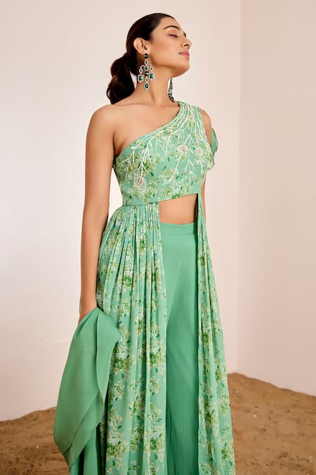 Suruchi Parakh_Green Georgette, Organza Floral Print Front Cut Tunic With Flared Pant _at_Aza_Fashions