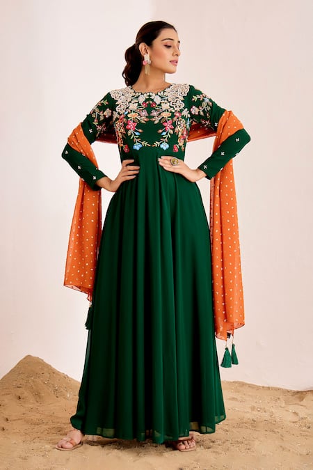 Suruchi Parakh Flower Embroidered Bodice Anarkali With Dupatta 