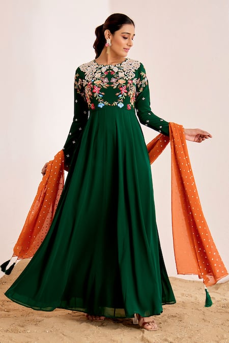 Suruchi Parakh_Green Georgette Embroidery, Sequins Cowl Flower Bodice Anarkali With Dupatta _Online_at_Aza_Fashions