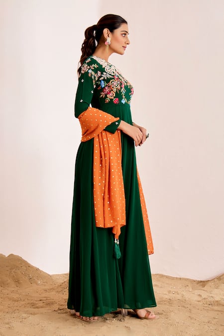 Buy_Suruchi Parakh_Green Georgette Embroidery, Sequins Cowl Flower Bodice Anarkali With Dupatta _Online_at_Aza_Fashions