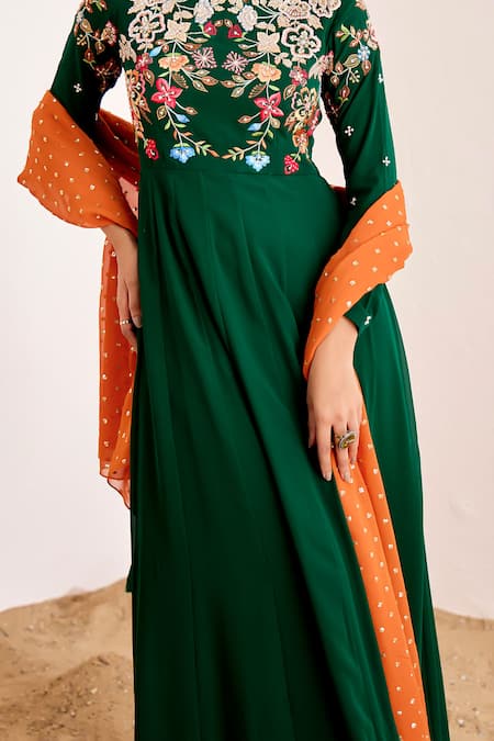 Shop_Suruchi Parakh_Green Georgette Embroidery, Sequins Cowl Flower Bodice Anarkali With Dupatta _Online_at_Aza_Fashions