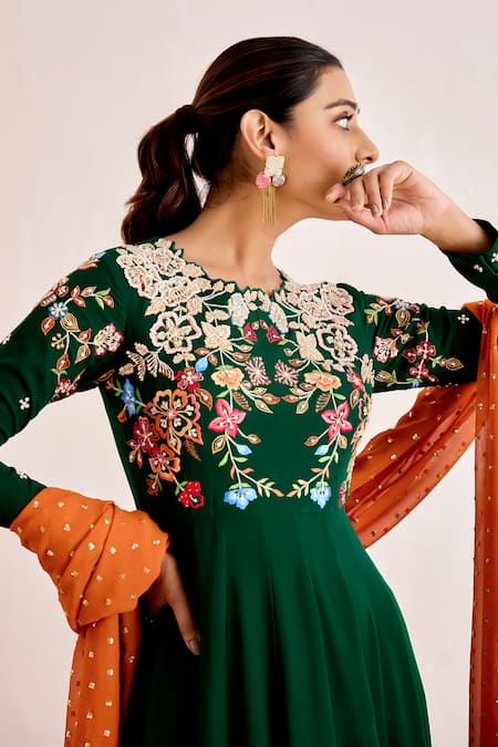 Suruchi Parakh_Green Georgette Embroidery, Sequins Cowl Flower Bodice Anarkali With Dupatta _at_Aza_Fashions