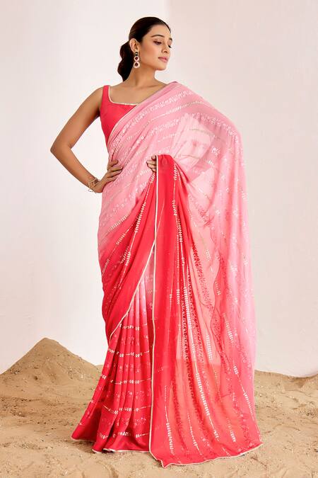 Suruchi Parakh_Pink Georgette Embroidery, Sequins Scoop Neck Floral Shaded Saree With Blouse _Online_at_Aza_Fashions