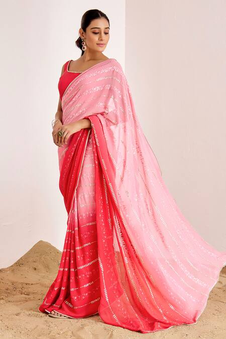 Buy_Suruchi Parakh_Pink Georgette Embroidery, Sequins Scoop Neck Floral Shaded Saree With Blouse _Online_at_Aza_Fashions