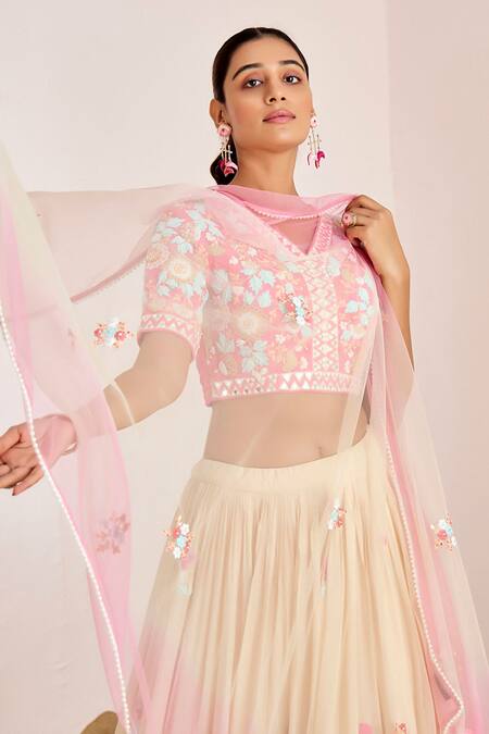 Shop Suruchi Parakh Cream Georgette, Net Embroidery, Sequins V-neck Floral Garden Lehenga Set Online at Aza Fashions Shop_Suruchi Parakh_Cream Georgette, Net Embroidery, Sequins V-neck Floral Garden Lehenga Set _Online_at_Aza_Fashions