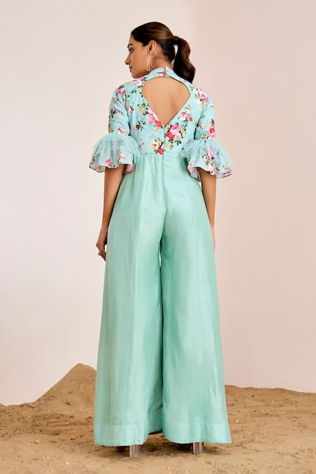 Shop_Suruchi Parakh_Blue Silk Embroidery Crew Neck Floral Garden Print Jumpsuit _at_Aza_Fashions