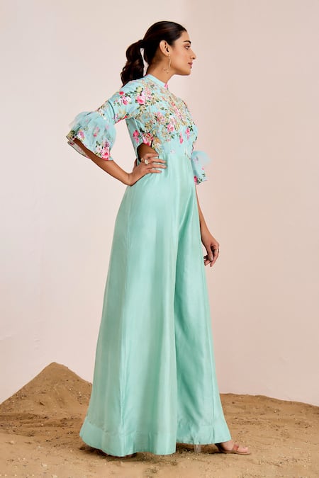 Suruchi Parakh_Blue Silk Embroidery Crew Neck Floral Garden Print Jumpsuit _Online_at_Aza_Fashions