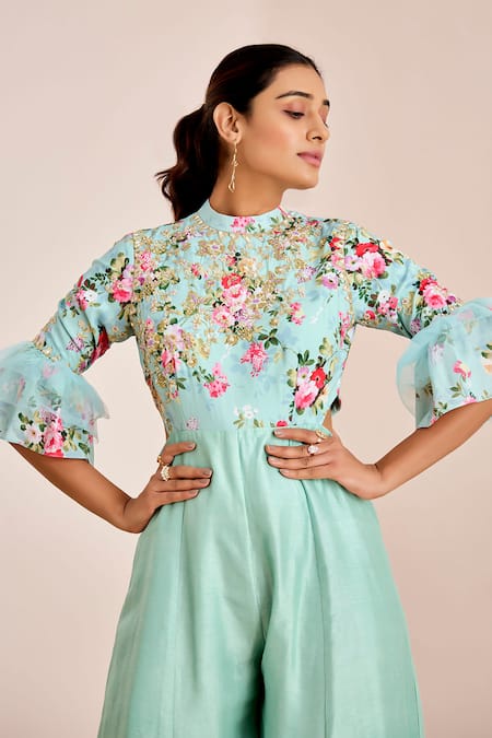 Buy_Suruchi Parakh_Blue Silk Embroidery Crew Neck Floral Garden Print Jumpsuit _Online_at_Aza_Fashions