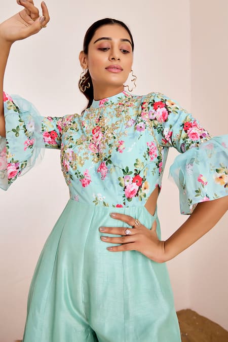 Shop_Suruchi Parakh_Blue Silk Embroidery Crew Neck Floral Garden Print Jumpsuit _Online_at_Aza_Fashions