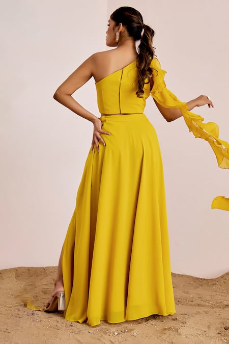 Shop Suruchi Parakh Yellow Georgette Embroidery Asymmetric One Shoulder Blouse And Skirt Set at Aza Fashions Shop_Suruchi Parakh_Yellow Georgette Embroidery Asymmetric One Shoulder Blouse And Skirt Set _at_Aza_Fashions