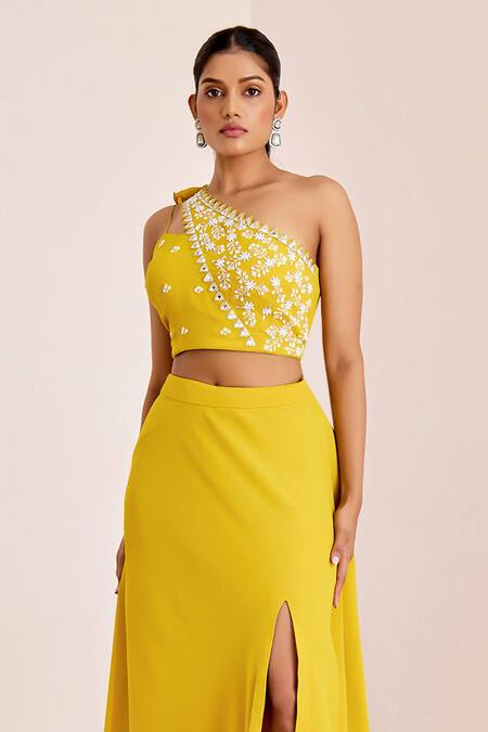 Suruchi Parakh Yellow Georgette Embroidery Asymmetric One Shoulder Blouse And Skirt Set Online at Aza Fashions Suruchi Parakh_Yellow Georgette Embroidery Asymmetric One Shoulder Blouse And Skirt Set _Online_at_Aza_Fashions