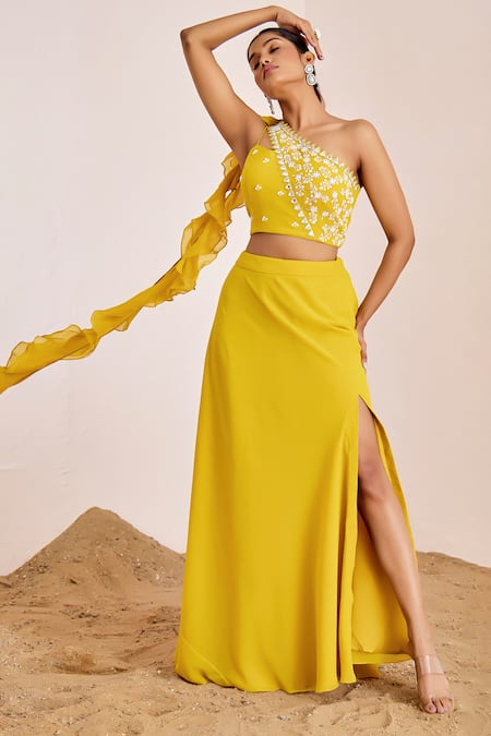 Shop Suruchi Parakh Yellow Georgette Embroidery Asymmetric One Shoulder Blouse And Skirt Set Online at Aza Fashions Shop_Suruchi Parakh_Yellow Georgette Embroidery Asymmetric One Shoulder Blouse And Skirt Set _Online_at_Aza_Fashions