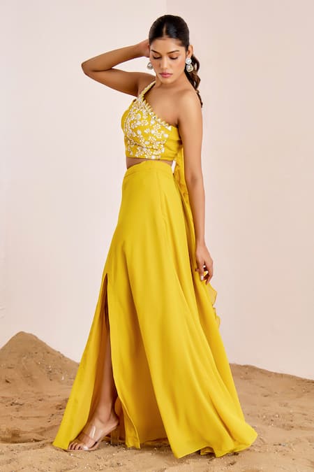Suruchi Parakh Yellow Georgette Embroidery Asymmetric One Shoulder Blouse And Skirt Set at Aza Fashions Suruchi Parakh_Yellow Georgette Embroidery Asymmetric One Shoulder Blouse And Skirt Set _at_Aza_Fashions