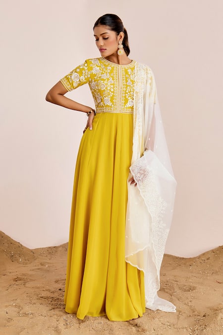 Suruchi Parakh_Yellow Organza, Georgette Sequins, Beads, Floral Yoke Anarkali With Dupatta _Online_at_Aza_Fashions