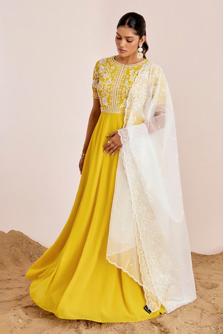Buy_Suruchi Parakh_Yellow Organza, Georgette Sequins, Beads, Floral Yoke Anarkali With Dupatta _Online_at_Aza_Fashions