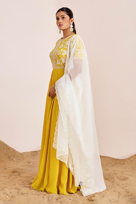 Shop_Suruchi Parakh_Yellow Organza, Georgette Sequins, Beads, Floral Yoke Anarkali With Dupatta _Online_at_Aza_Fashions