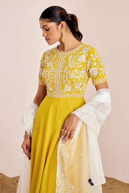 Suruchi Parakh_Yellow Organza, Georgette Sequins, Beads, Floral Yoke Anarkali With Dupatta _at_Aza_Fashions