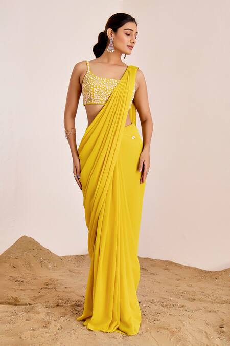 Suruchi Parakh_Yellow Georgette Zari, Embroidery Scoop Pleated Pre-draped Saree With Blouse_Online_at_Aza_Fashions