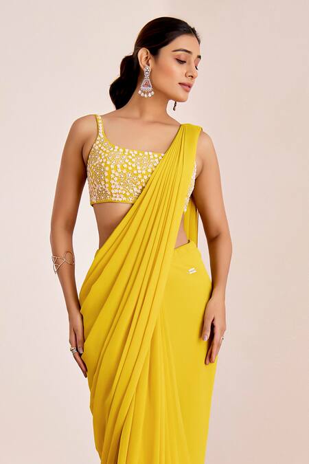 Buy_Suruchi Parakh_Yellow Georgette Zari, Embroidery Scoop Pleated Pre-draped Saree With Blouse_Online_at_Aza_Fashions
