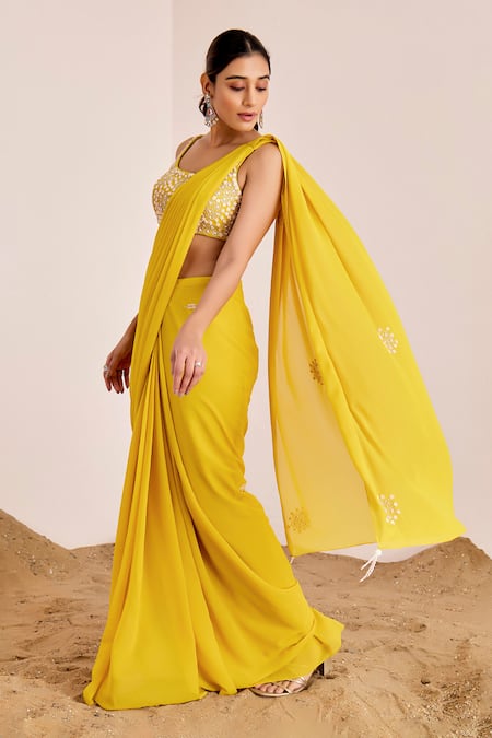Shop_Suruchi Parakh_Yellow Georgette Zari, Embroidery Scoop Pleated Pre-draped Saree With Blouse_Online_at_Aza_Fashions