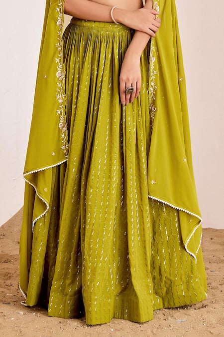 Suruchi Parakh_Green Georgette Mirrors, Sequins, Beads Sweetheart Neck Embroidered Lehenga Set _Online_at_Aza_Fashions