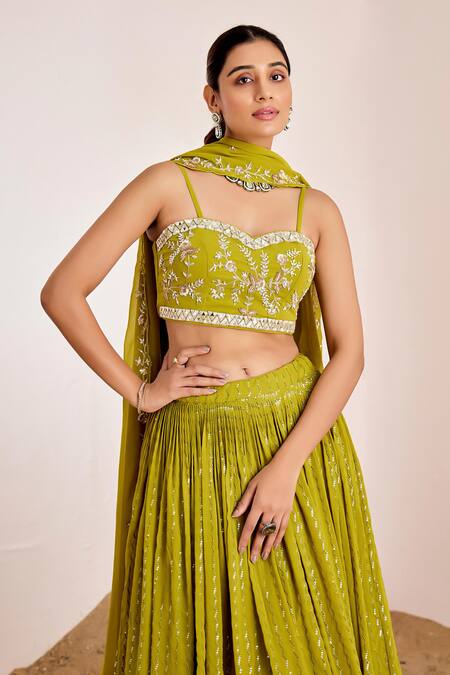 Shop_Suruchi Parakh_Green Georgette Mirrors, Sequins, Beads Sweetheart Neck Embroidered Lehenga Set _Online_at_Aza_Fashions